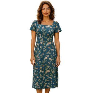 Vintage Liz Claiborne Lizwear Dress Womens Size 10 Blue Midi Floral Faux Wrap‎